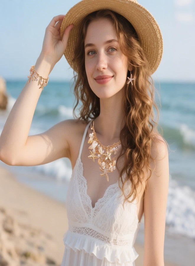 Sdfvsdg Boho Shell Starfish Jewelry Set Shell Necklace Chokers Mermaid Sea Shells Starfish Pearl Chunky Necklace Bracelet Earrings for Women - Image 5